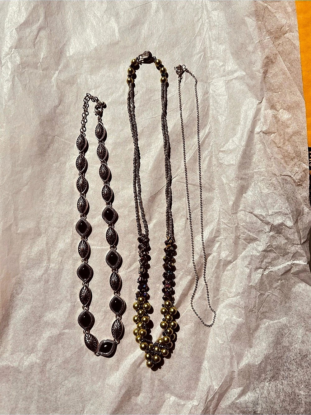 Vintage Jewelry Bundle Lot Black Cabochon Collar Woven Pearl Bib Silver Chain